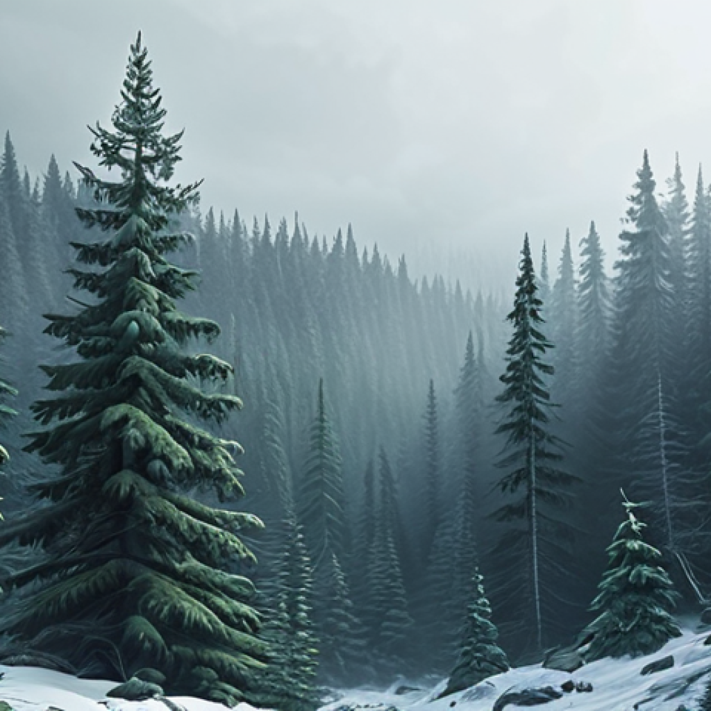 **Prompt:** Vast Siberian coniferous forest (taiga) landscape, evergreen trees, atmospheric, possibly with a hint of mist, cool tones, digital painting.