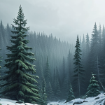 **Prompt:** Vast Siberian coniferous forest (taiga) landscape, evergreen trees, atmospheric, possibly with a hint of mist, cool tones, digital painting.