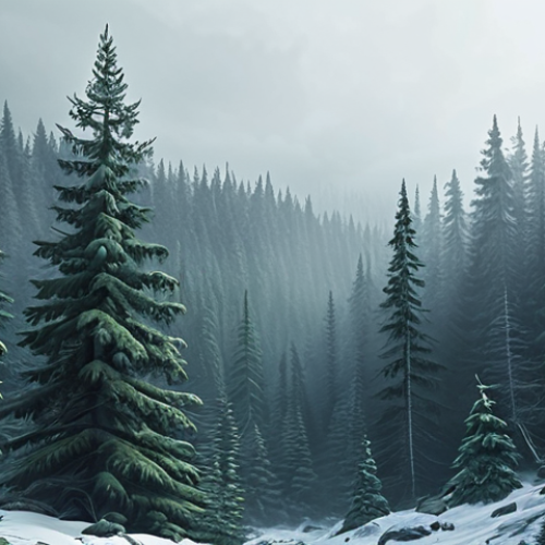 **Prompt:** Vast Siberian coniferous forest (taiga) landscape, evergreen trees, atmospheric, possibly with a hint of mist, cool tones, digital painting.