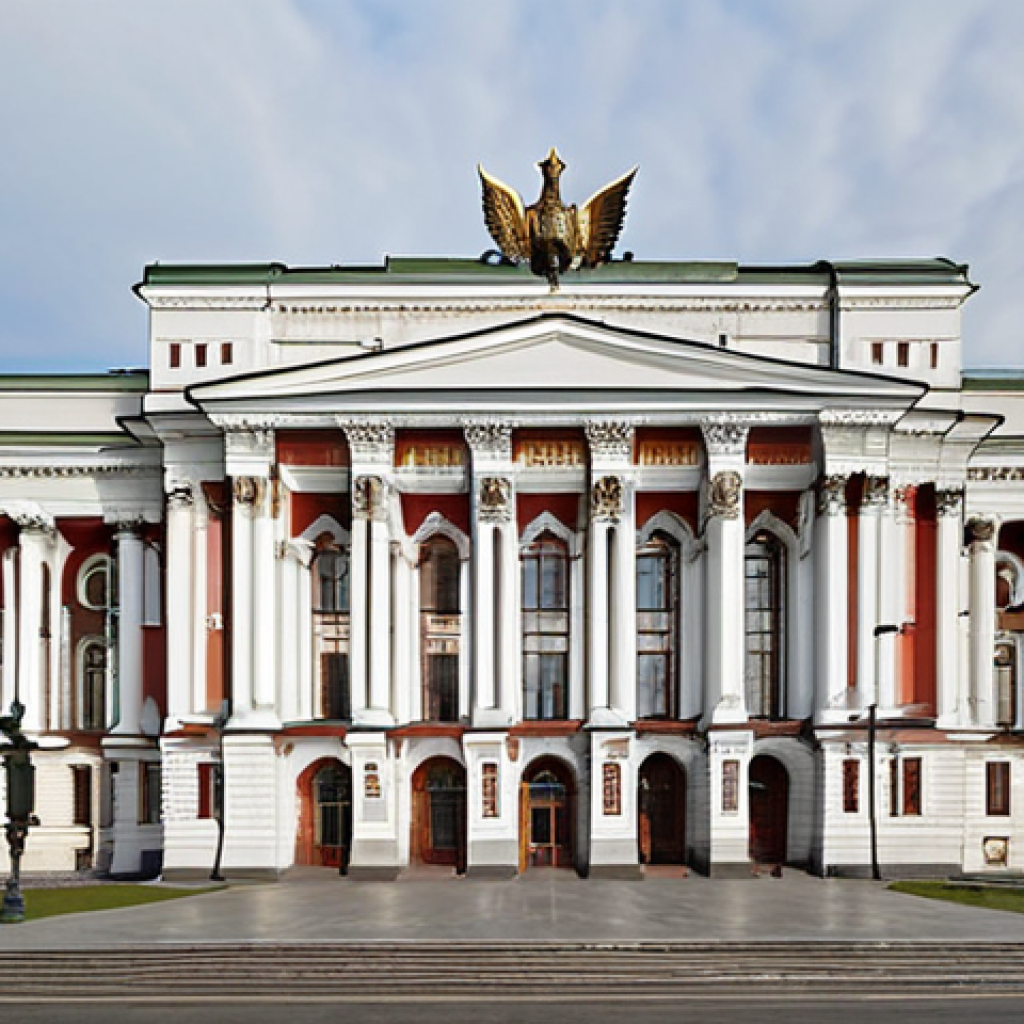 **Grand facade of the Russian State Library in Moscow:** Capture the imposing and elegant architecture of the library's exterior, emphasizing its historical significance and cultural importance. Focus on the building's details, architectural style, and the surrounding cityscape.