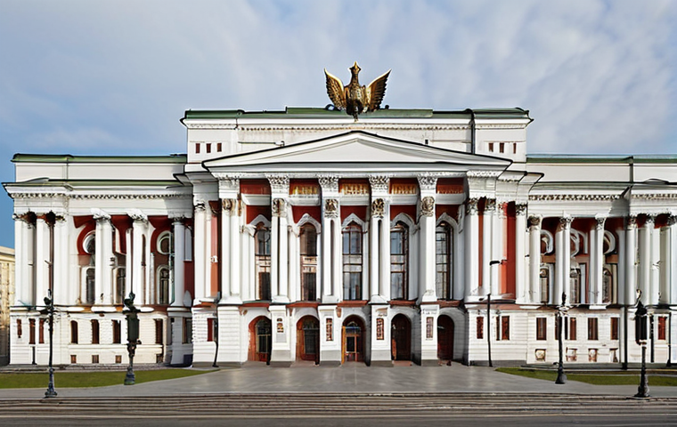 **Grand facade of the Russian State Library in Moscow:** Capture the imposing and elegant architecture of the library's exterior, emphasizing its historical significance and cultural importance. Focus on the building's details, architectural style, and the surrounding cityscape.